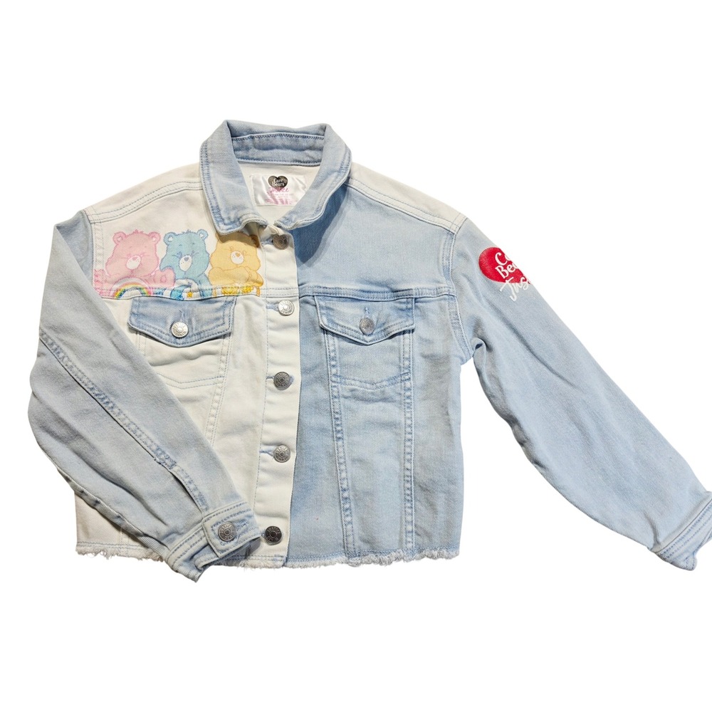 Justice Care Bears Denim Jacket Girls Sz 7/8 Light Wash Two Tone Frayed Hem